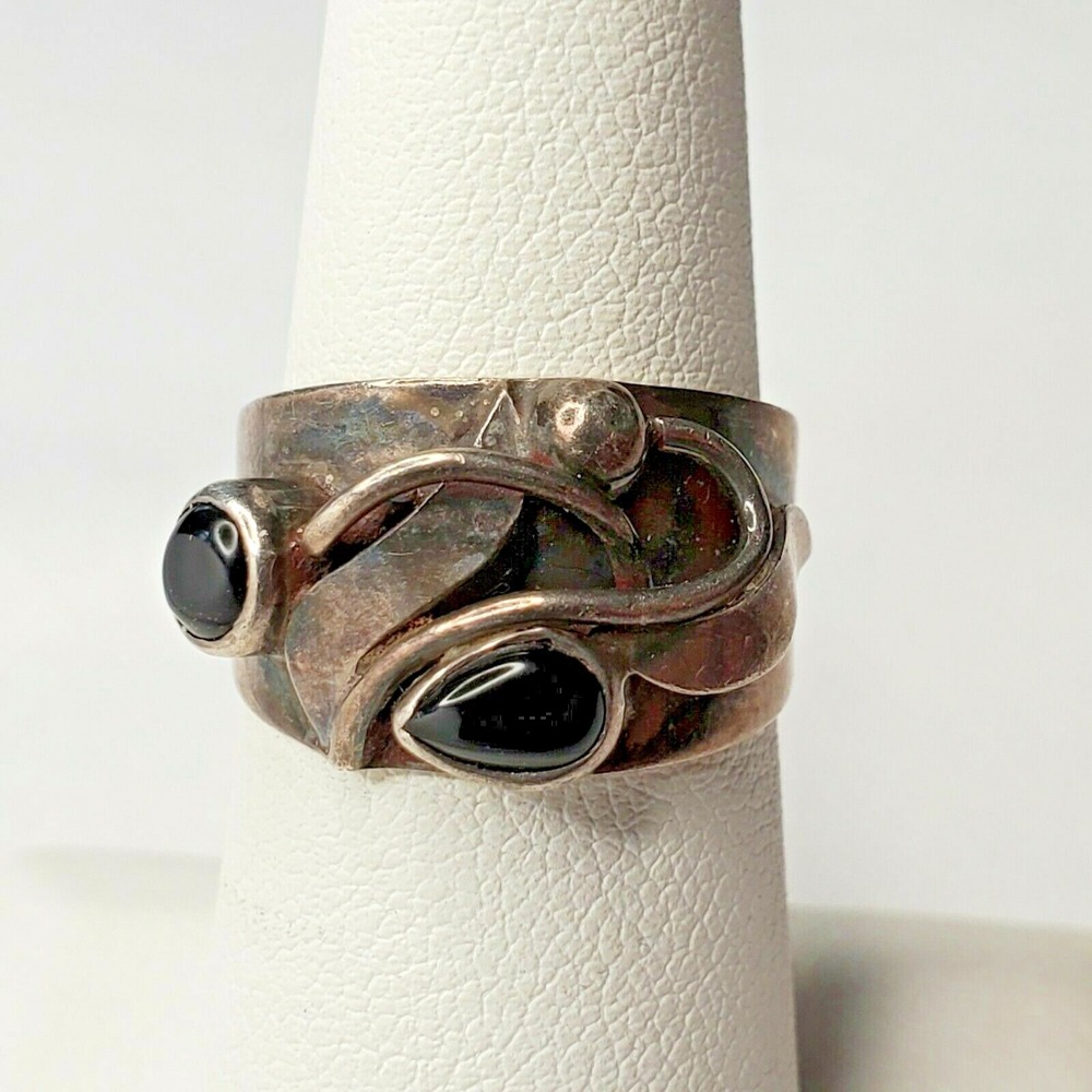 Vintage 925 Sterling Silver Abstract Vine Black Onyx Buds Design Ring Size 6.75 - Picture 1 of 12